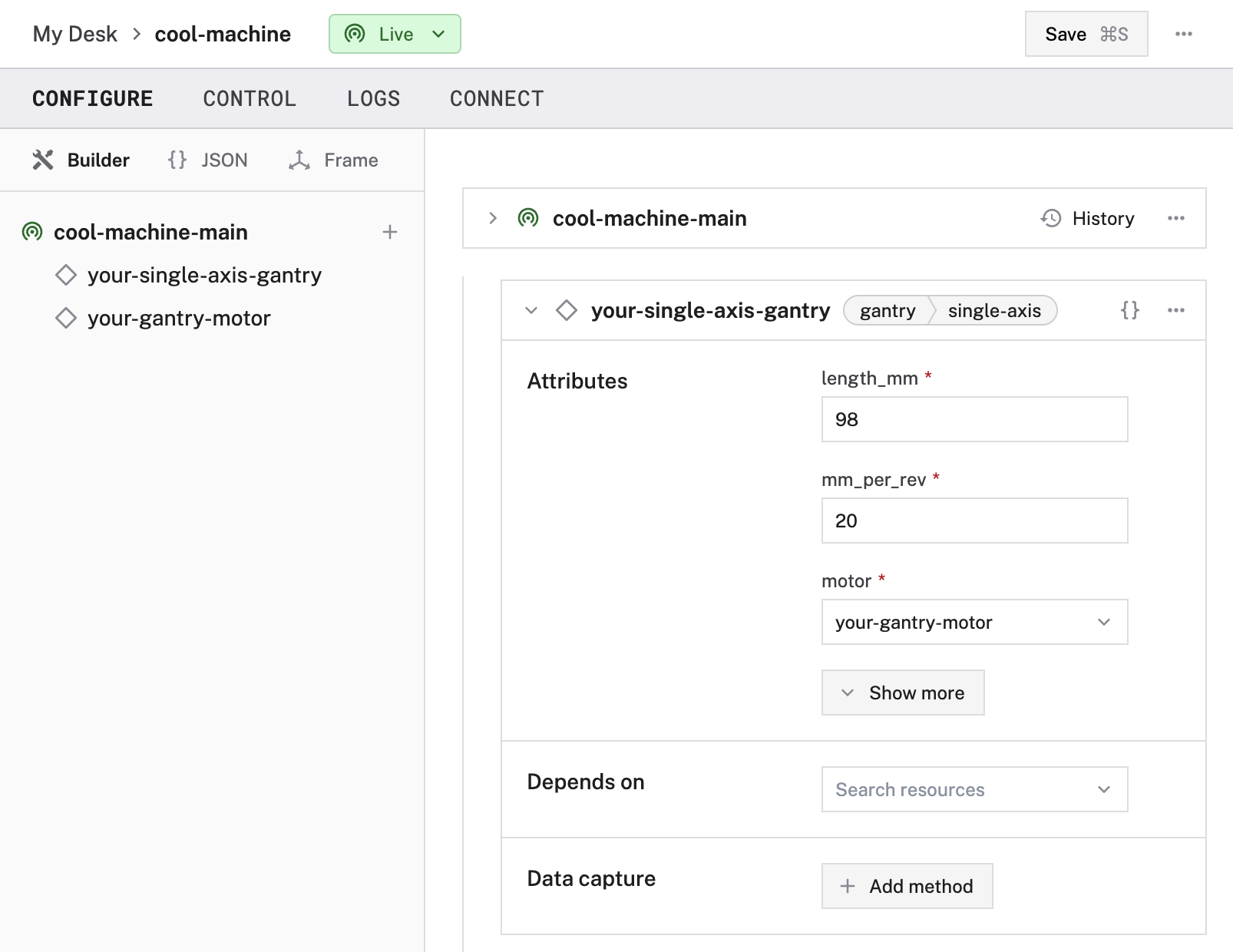Creation of a single-axis gantry component in the Viam app config builder.